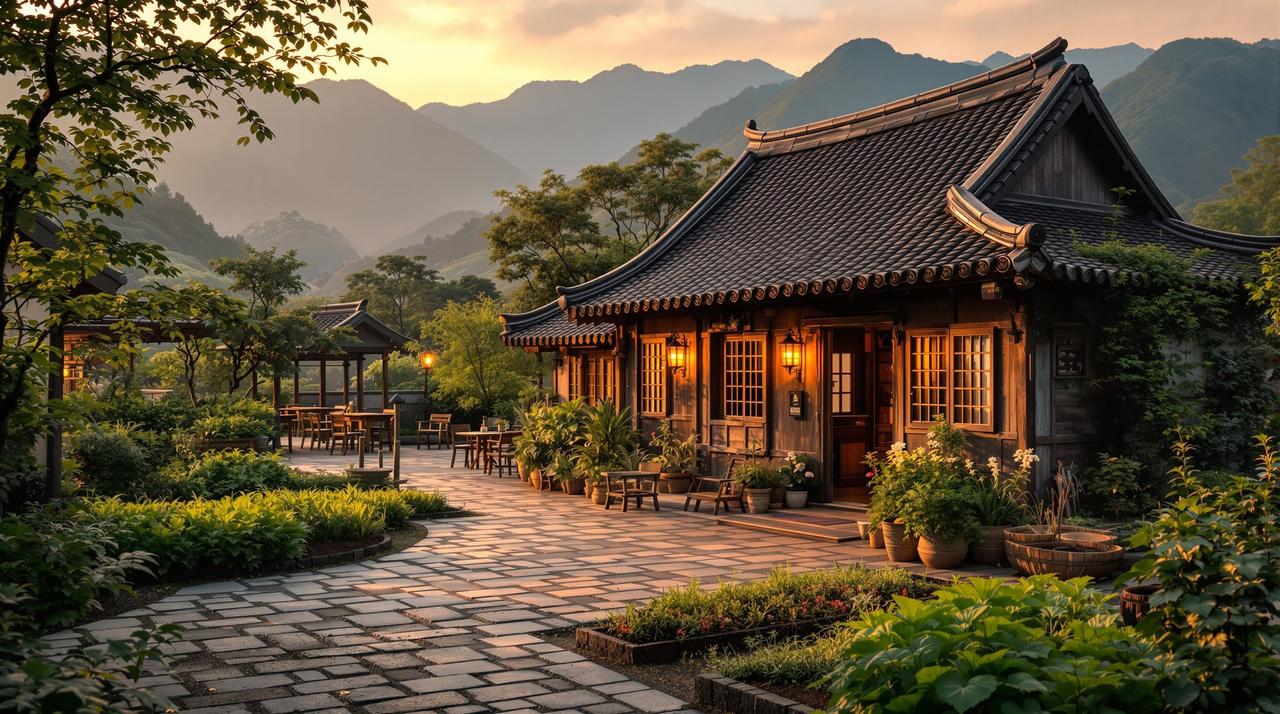 向往的生活蘑菇屋庭院，夕阳下的乡村田园风光与木屋