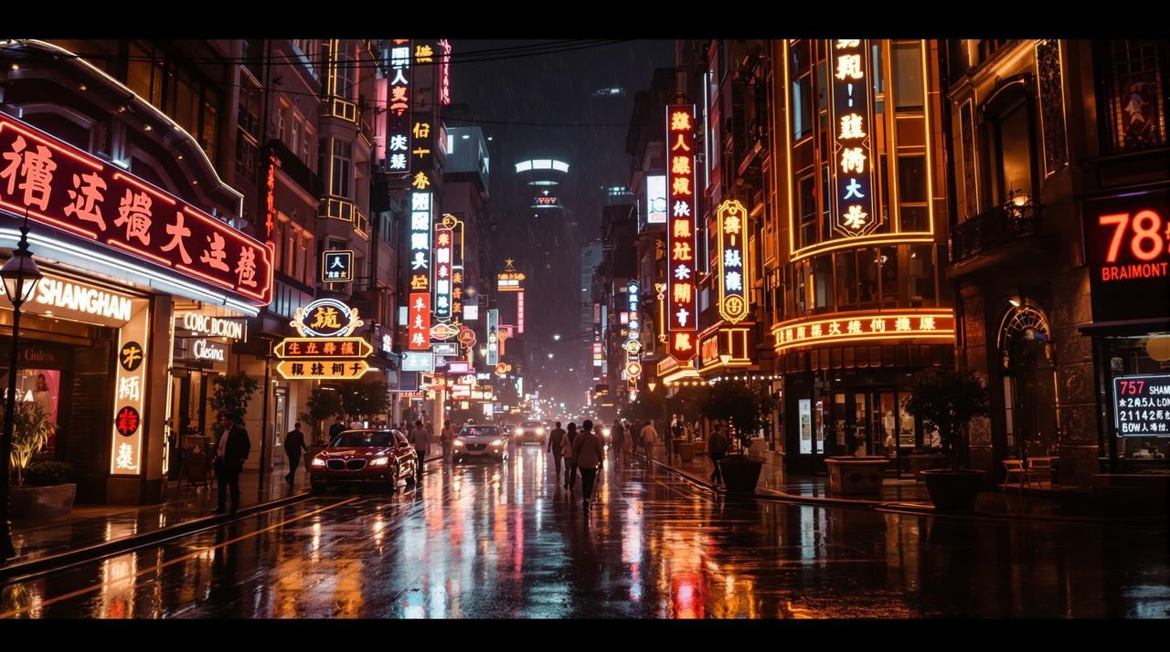 繁花剧场版电影海报风格图，90年代上海夜晚霓虹灯下的街道场景