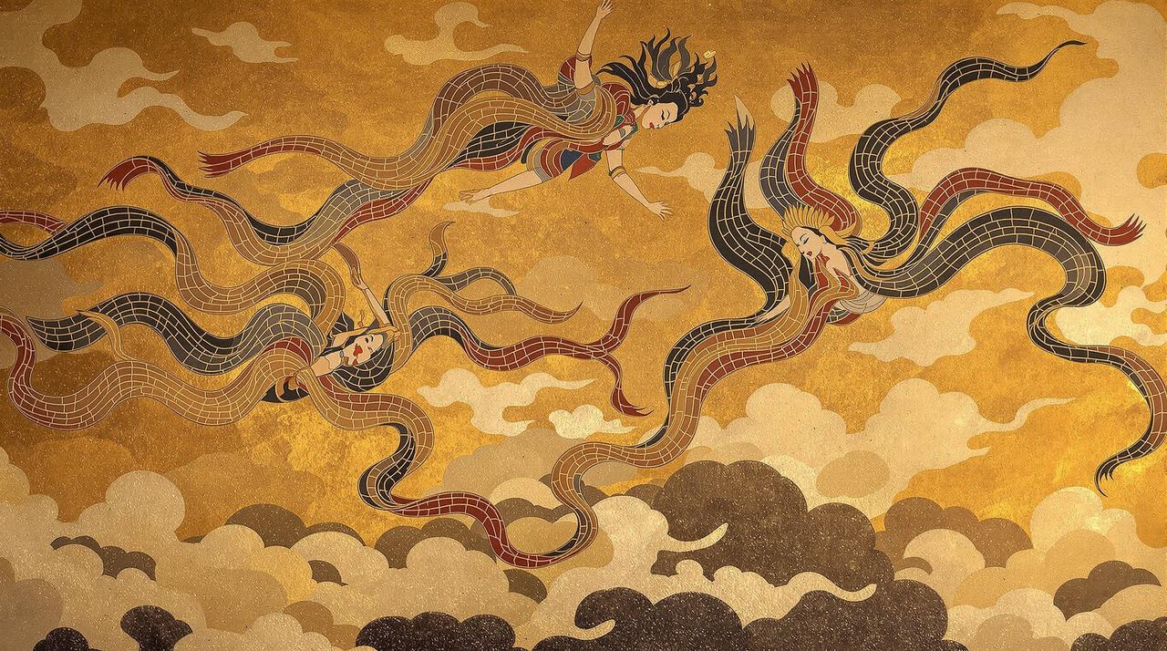 敦煌莫高窟壁画风格的电影概念图，飞天与沙漠中的佛教艺术